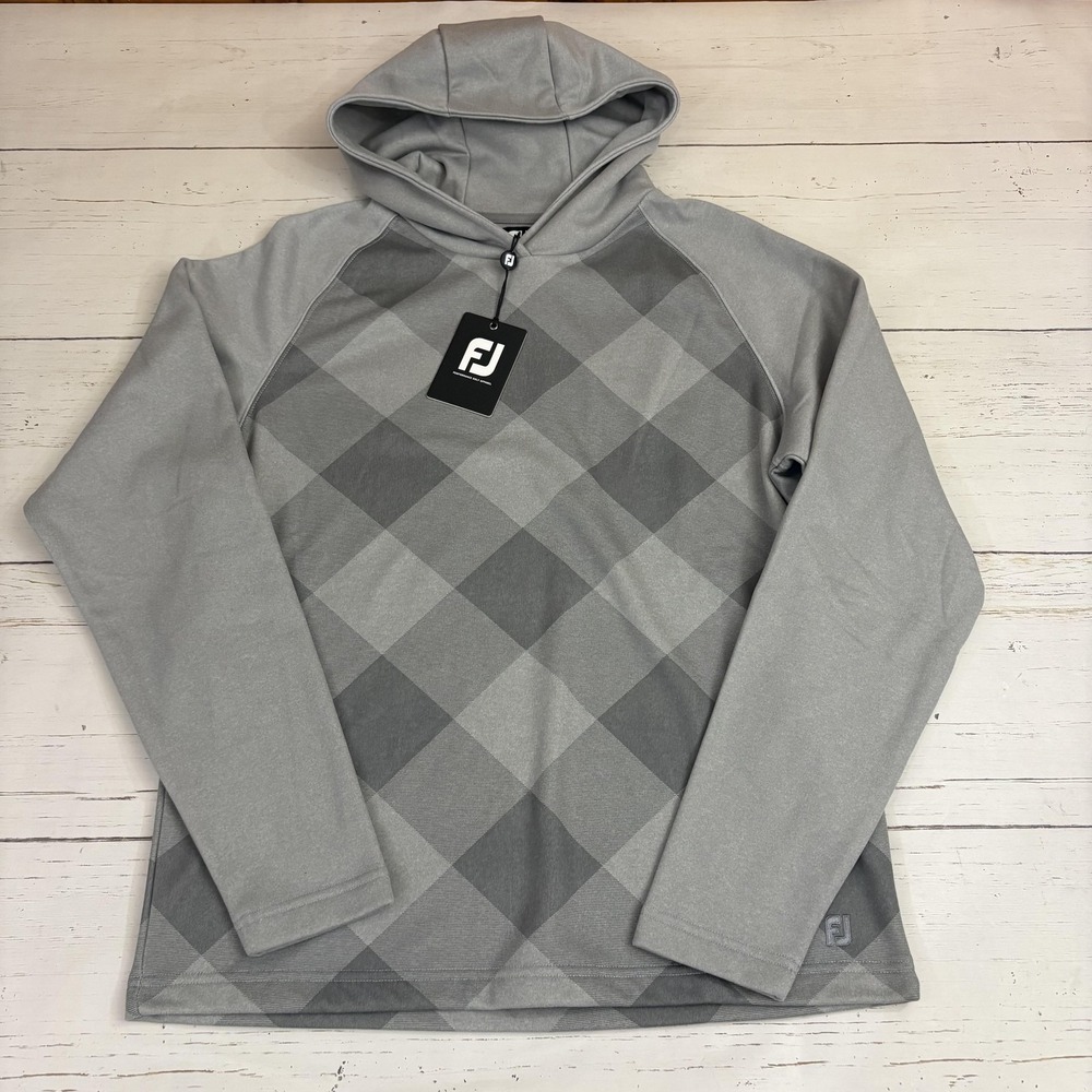 FootJoy Golf Hoodie Mens Small Gray Tonal Plaid Fleece Pullover Golf Sweatshirt